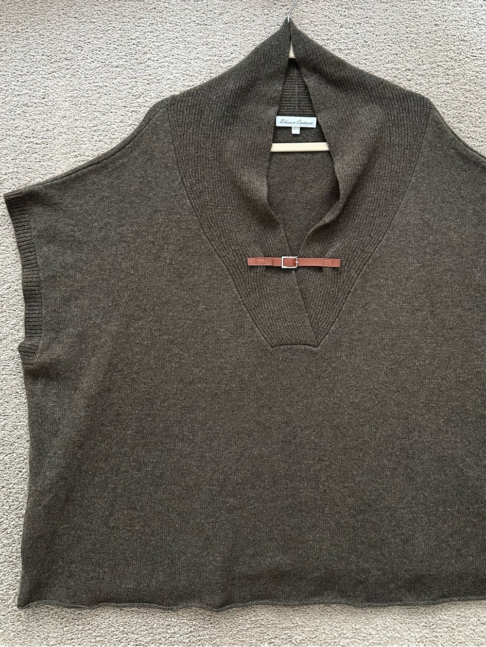 100% Cashmere Olive Green Fall Poncho Sweater With Faux Leather Buckle Detail